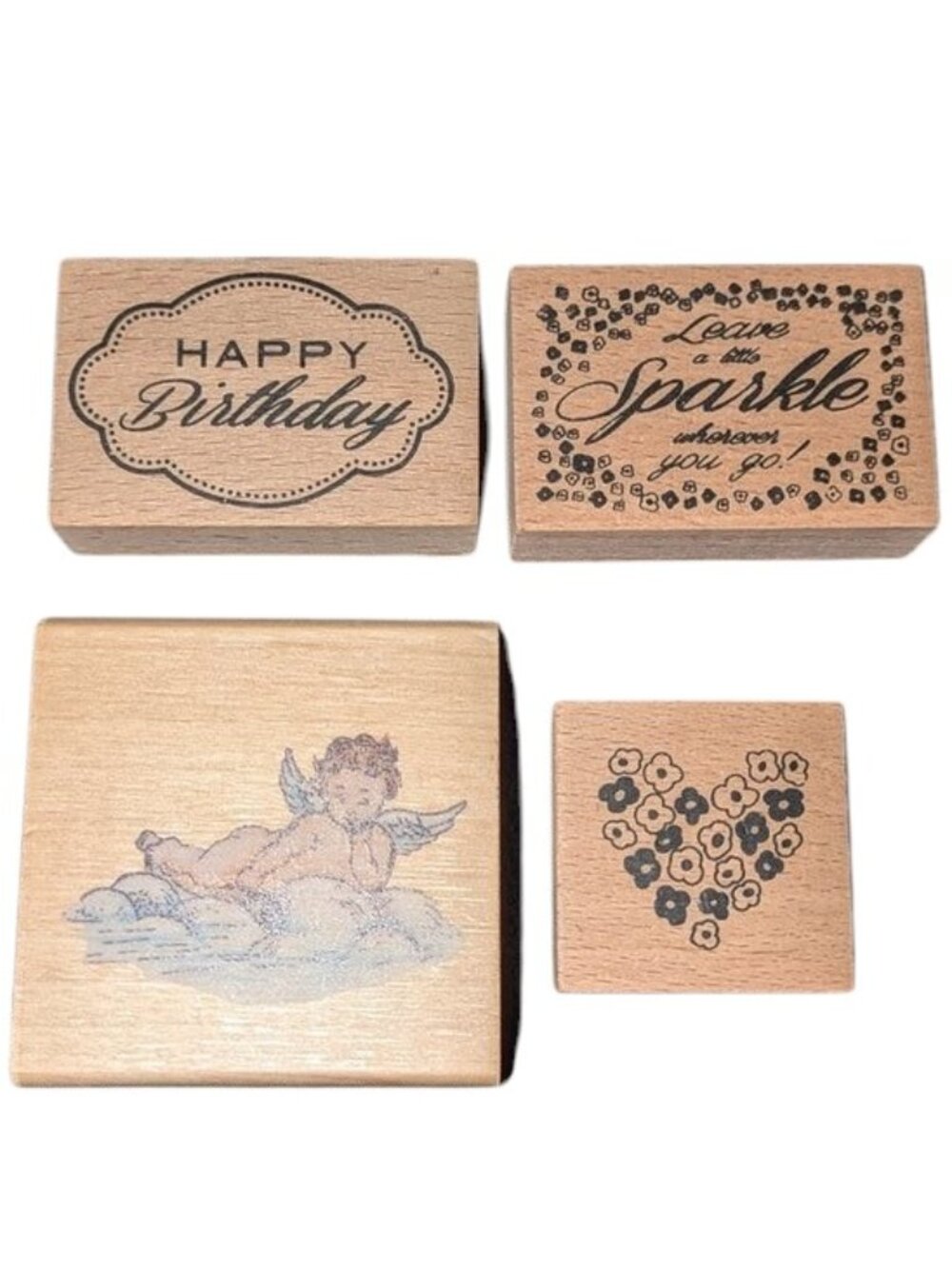 NEW Set of 4 Wood Mounted Rubber Stamps Angel Heart Happy Birthday Wooden Floral